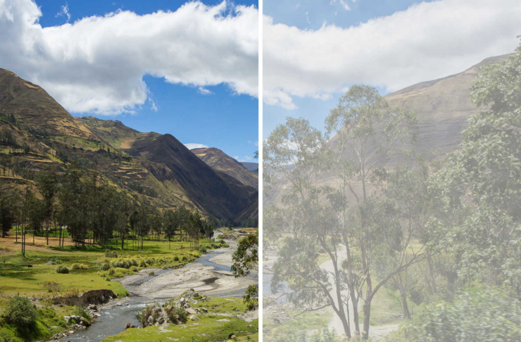 One half of the image shows a clear mountain view with a blue sky and green trees, while the other half shows the same landscape but clouded and blurred due to cataracts.