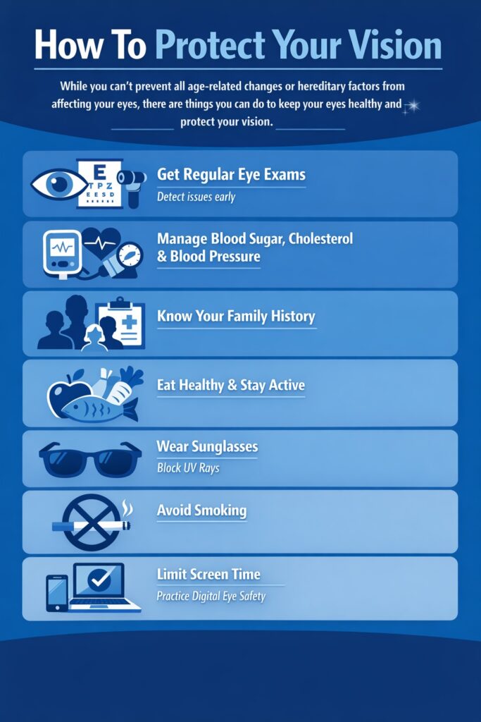 An infographic outlining how to protect your eyesight from getting worse, including regular eye exams, knowing your family history, wearing sunglasses, limiting screen time, and more.