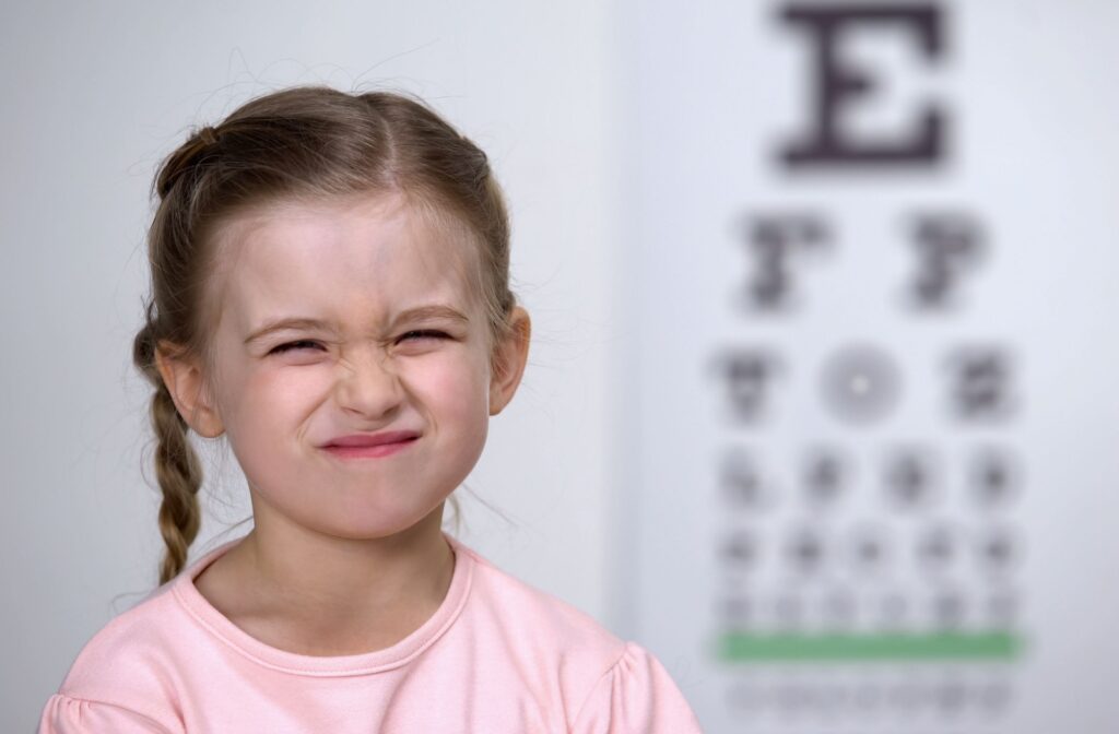 Young girl in pigtails making a face in front of a blurry vision chart with letters.