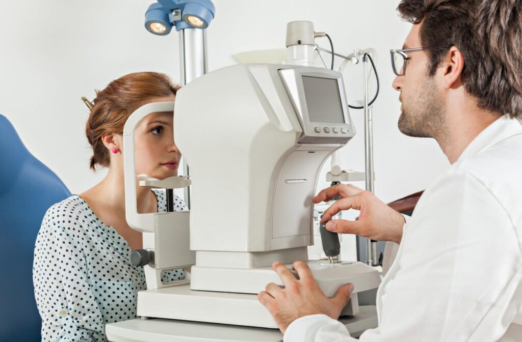 A person having their eyes tested for diabetic retinopathy during a diabetic eye exam.