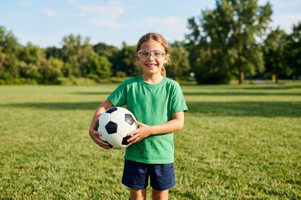 Child in green shirt and safety goggles smiling and holding a soccer ball on a grassy field.