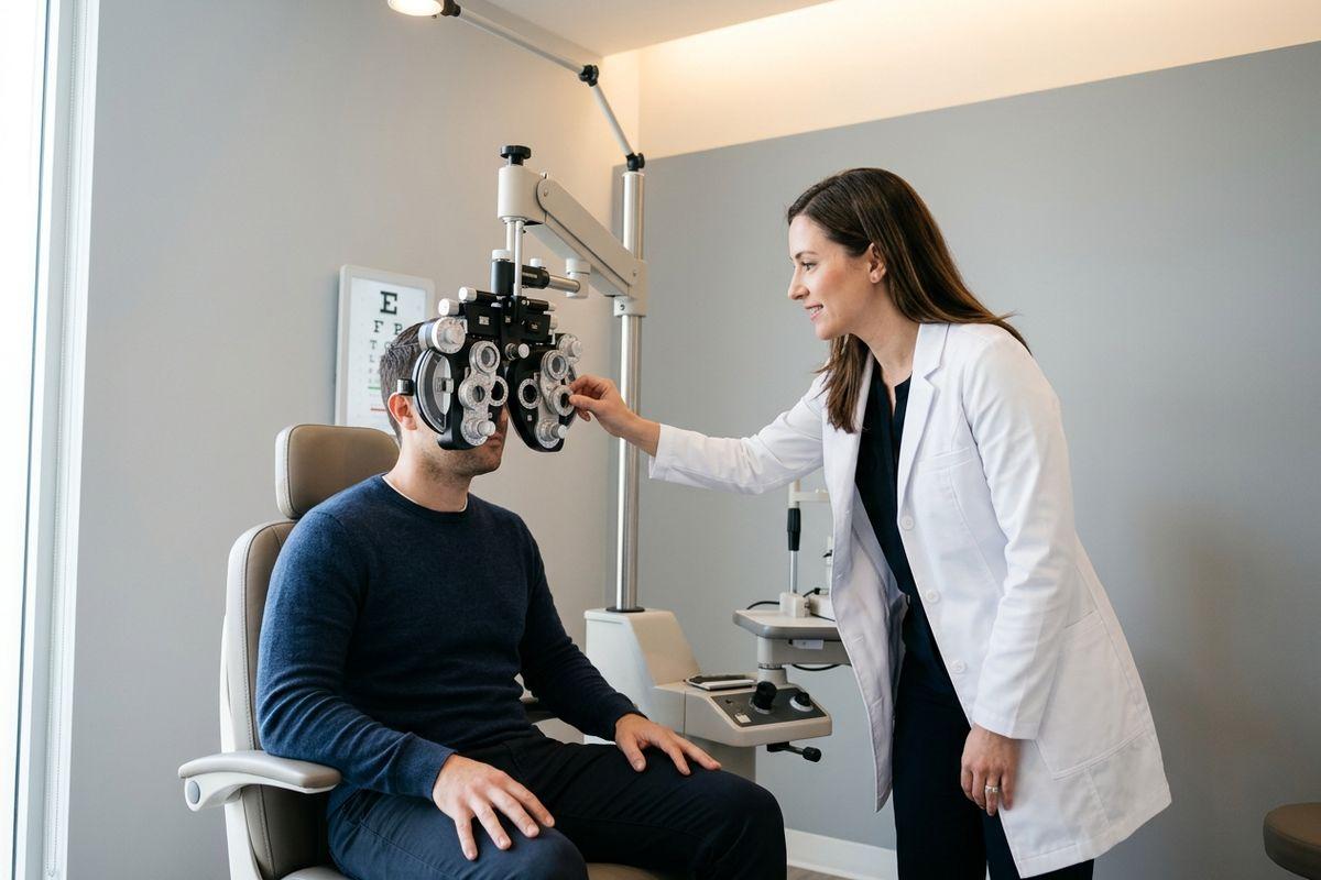 Optometrist adjusts a phoropter for a patient seated in an exam chair, with an eye chart on the wall.