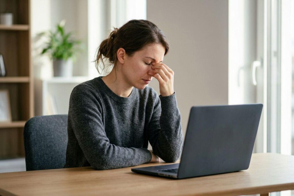 Person in gray sweater at a desk with a laptop, eyes closed, pinching the bridge of their nose.
