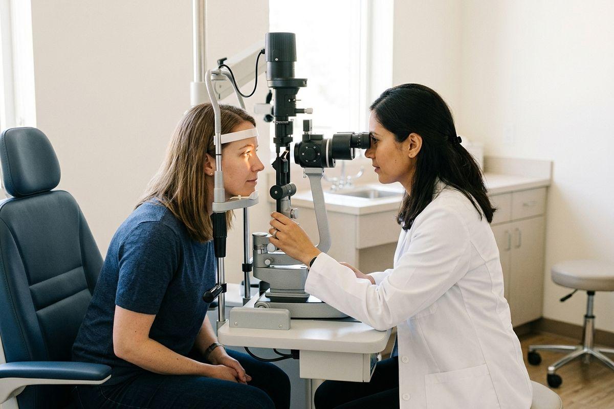 Optometrist examines a patient's eyes using a slit lamp in an exam room.