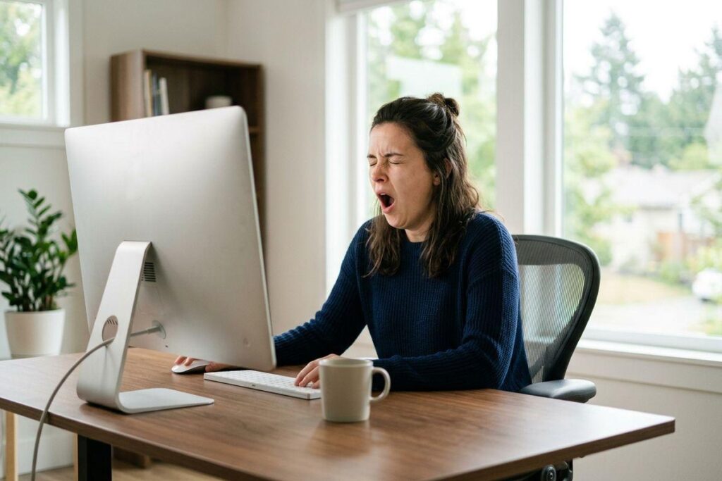 Person yawning at a desk with a computer, keyboard, and mug in a bright home office.