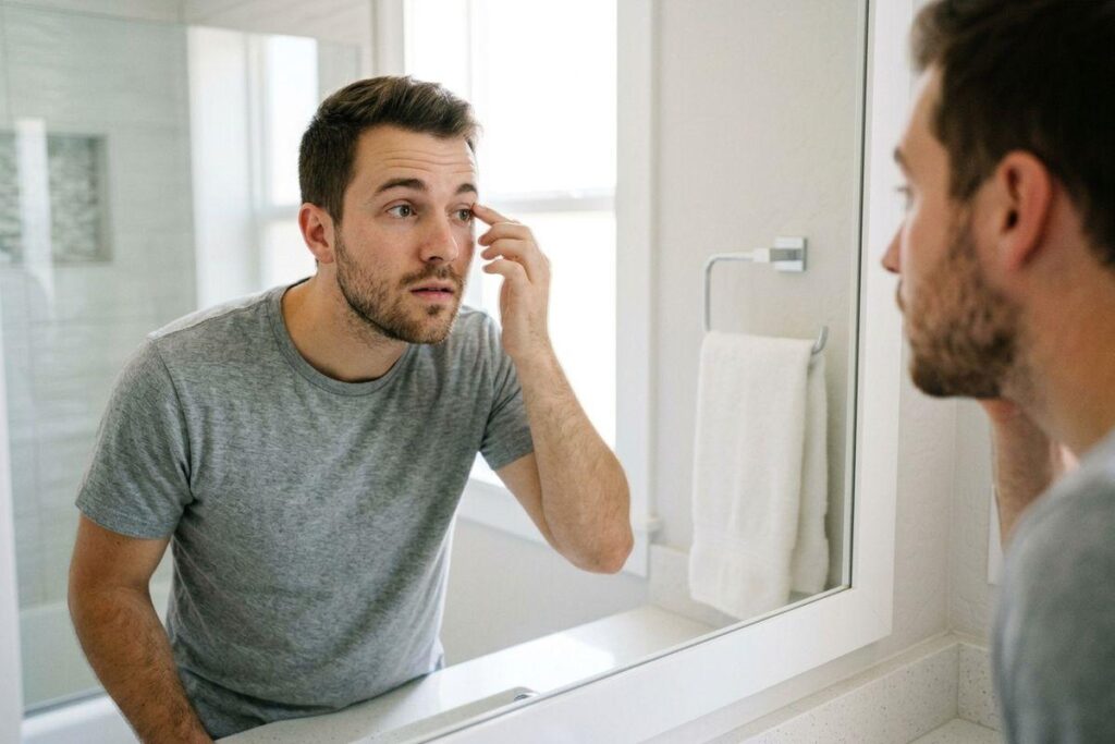 Person examining their face in a bathroom mirror, touching skin near the eye.