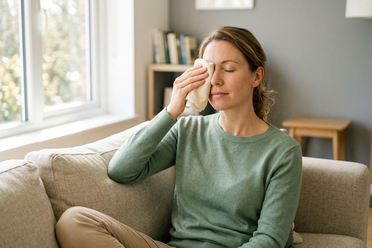 Person sitting on a sofa with eyes closed, pressing a cloth against one eye.